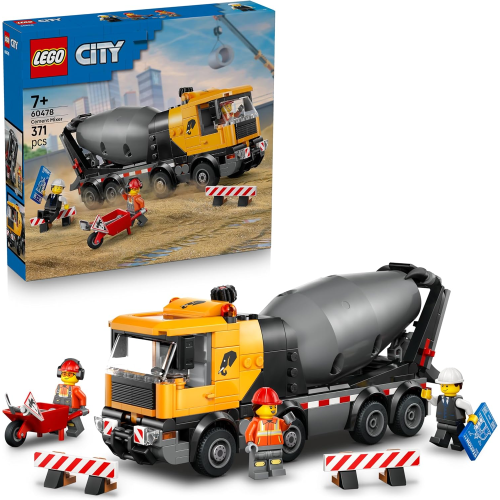 LEGO 60478 CITY BETONIERA, Veicolo da Cantiere, 3 Minifigure, Tamburo Rotante e Funzione di Scarico Cemento - 7 ANNI+