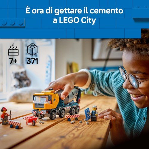 LEGO 60478 CITY BETONIERA, Veicolo da Cantiere, 3 Minifigure, Tamburo Rotante e Funzione di Scarico Cemento - 7 ANNI+