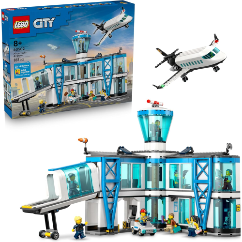 LEGO 60502 CITY Aeroporto con Aereo Giocattolo - Modello in Miniatura con Terminal, Aeroplano, Rimorchiatore - 8 ANNI+