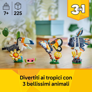 LEGO 31173 CREATOR 3 IN 1, Animali Selvatici: Tucano Tropicale con Fiore - Animale  Trasformabile in Farfalla o Pesce Tropicale