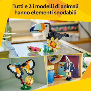LEGO 31173 CREATOR 3 IN 1, Animali Selvatici: Tucano Tropicale con Fiore - Animale  Trasformabile in Farfalla o Pesce Tropicale