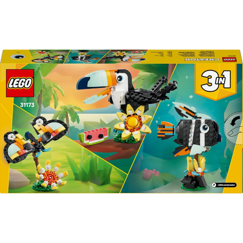 LEGO 31173 CREATOR 3 IN 1, Animali Selvatici: Tucano Tropicale con Fiore - Animale  Trasformabile in Farfalla o Pesce Tropicale