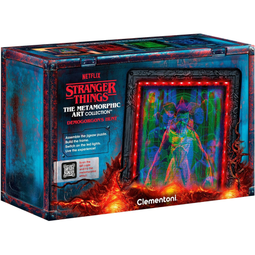 CLEMENTONI 35611 STRANGER THINGS Metamorphic Art Collection -Demogorgon’s Hunt, Quadro Interattivo 520 Pezzi con Cornice e LED