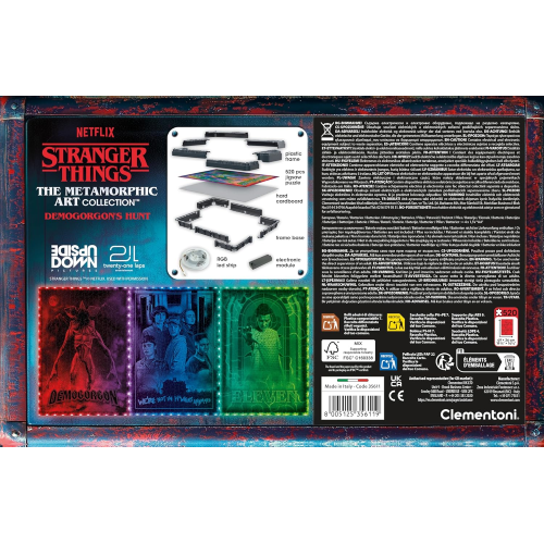 CLEMENTONI 35611 STRANGER THINGS Metamorphic Art Collection -Demogorgon’s Hunt, Quadro Interattivo 520 Pezzi con Cornice e LED