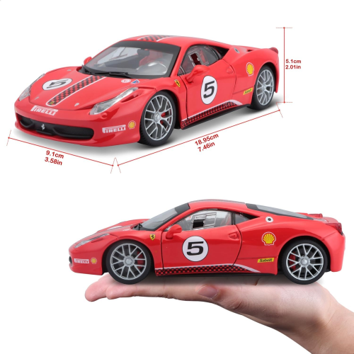 BURAGO Ferrari Racing - Ferrari 458 Challenge - Colore rosso con adesivi racing - Scala1:24 - 18-26302- 3 ANNI+