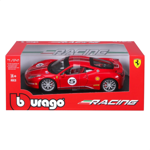 BURAGO Ferrari Racing - Ferrari 458 Challenge - Colore rosso con adesivi racing - Scala1:24 - 18-26302- 3 ANNI+