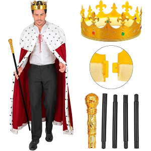 SET COSTUME UNISEX DA RE O DA REGINA CON MANTELLO DI VELLUTO, corona, scettro, abito lungo per carnevale, teatro