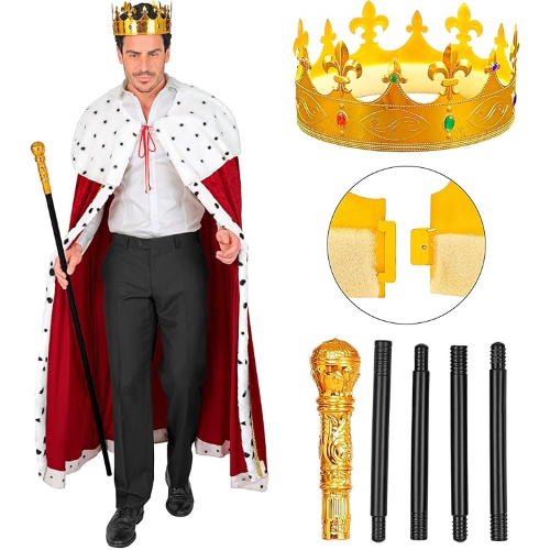 SET COSTUME UNISEX DA RE O DA REGINA CON MANTELLO DI VELLUTO, corona, scettro, abito lungo per carnevale, teatro