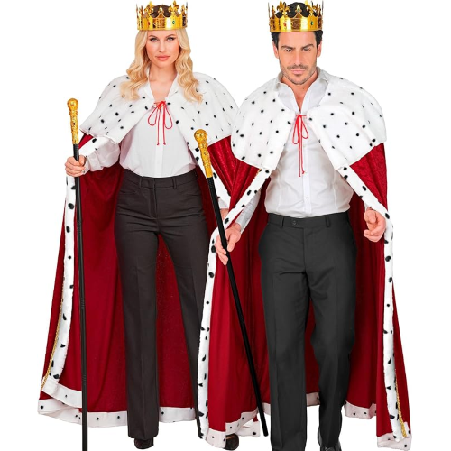 SET COSTUME UNISEX DA RE O DA REGINA CON MANTELLO DI VELLUTO, corona, scettro, abito lungo per carnevale, teatro