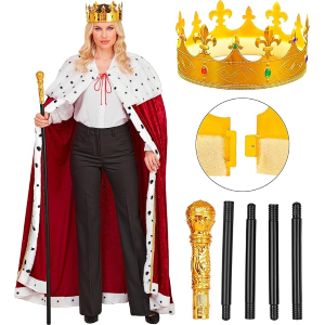 SET COSTUME UNISEX DA RE O DA REGINA CON MANTELLO DI VELLUTO, corona, scettro, abito lungo per carnevale, teatro