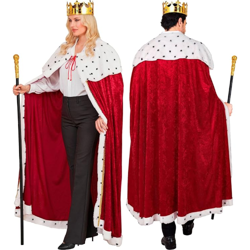 SET COSTUME UNISEX DA RE O DA REGINA CON MANTELLO DI VELLUTO, corona, scettro, abito lungo per carnevale, teatro
