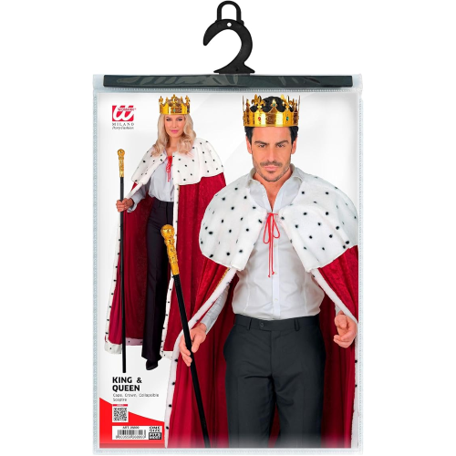SET COSTUME UNISEX DA RE O DA REGINA CON MANTELLO DI VELLUTO, corona, scettro, abito lungo per carnevale, teatro