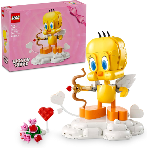 LEGO 40824 LOONEY TUNES, TITTI  Uccellino Esposizione con Mazzo di Fiori, Cuore, Arco di Cupido e Supporto a Forma di Nuvola
