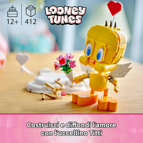 LEGO 40824 LOONEY TUNES, TITTI  Uccellino Esposizione con Mazzo di Fiori, Cuore, Arco di Cupido e Supporto a Forma di Nuvola