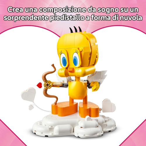 LEGO 40824 LOONEY TUNES, TITTI  Uccellino Esposizione con Mazzo di Fiori, Cuore, Arco di Cupido e Supporto a Forma di Nuvola