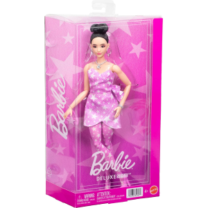 MATTEL JJN71  BARBIE FASHIONISTAS, Deluxe Style,n. 11, capelli neri con chignon, abito in denim rosa con stampa a stelle - 4 ANNI+