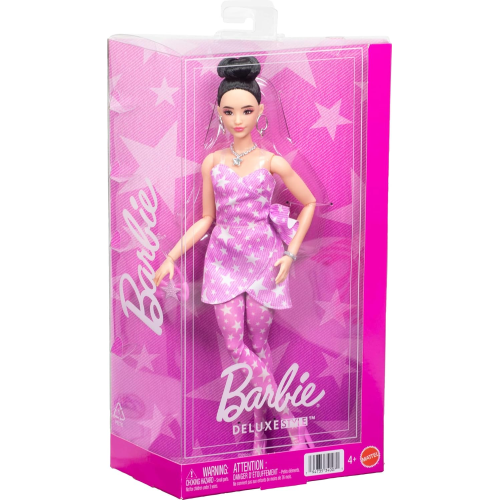 MATTEL JJN71  BARBIE FASHIONISTAS, Deluxe Style,n. 11, capelli neri con chignon, abito in denim rosa con stampa a stelle - 4 ANNI+