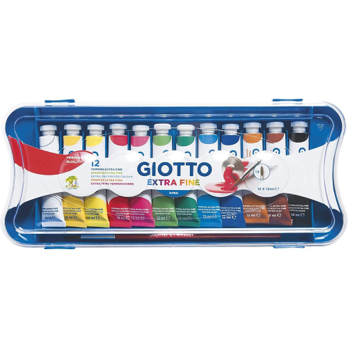 GIOTTO 304100 TEMPERA 12 ML DA 12Extra Fine - Astuccio da 12 Tempere Extra Fine in Tubetto + 1 Pennello
