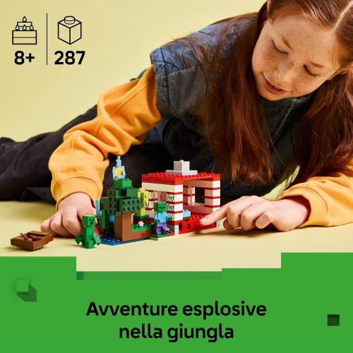 LEGO 21275 MINECRAFT Casa nella Giungla Esplosiva - con Modello di Barca, Figure di Steve, Creeper e Zombie, Funzione TNT 