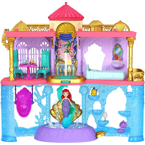 DISNEY PRINCESS - CASTELLO Due Mondi di Ariel, Set componibile Ispirato al Film, Mini Bambola e 1 Amico, 12 Accessori, 6 Aree Gioco