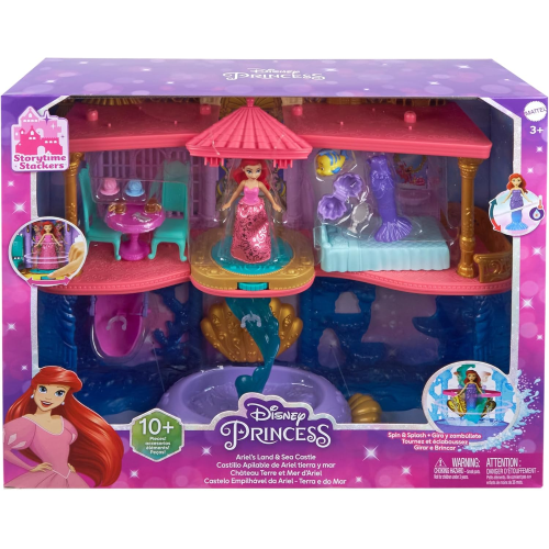 DISNEY PRINCESS - CASTELLO Due Mondi di Ariel, Set componibile Ispirato al Film, Mini Bambola e 1 Amico, 12 Accessori, 6 Aree Gioco
