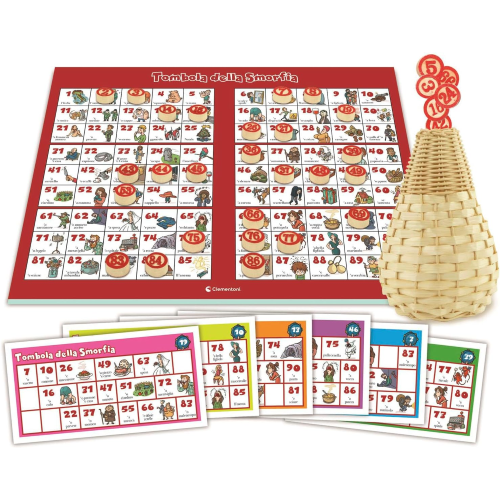 CLEMENTONI 81643  TOMBOLA SMORFIA 48 CARTELLE con Panariello, Numeri in Legno, Tutta la Famiglia, 2-10 Giocatori, Made in Italy
