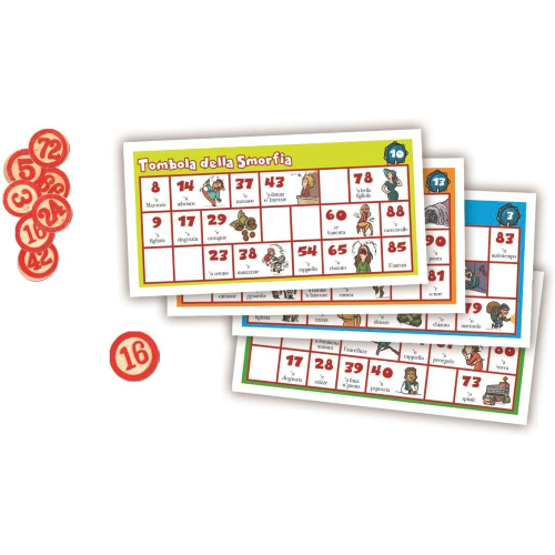 CLEMENTONI 81643  TOMBOLA SMORFIA 48 CARTELLE con Panariello, Numeri in Legno, Tutta la Famiglia, 2-10 Giocatori, Made in Italy
