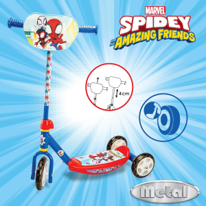 SMOBY 750918 MONOPATTINO SPIDEY 3 RUOTE TWIST, Manubrio regolabile, pedana antiscivolo, struttura in metallo  3 ANNI+