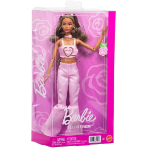 MATTEL JJN72  BARBIE FASHIONISTAS, Deluxe Style, n. 12, bambola dai capelli castani mossi e top in denim rosa - 4 ANNI+