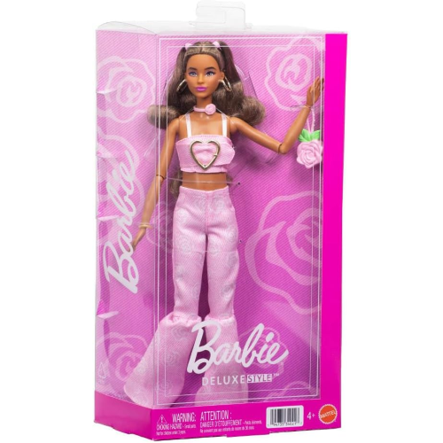MATTEL JJN72  BARBIE FASHIONISTAS, Deluxe Style, n. 12, bambola dai capelli castani mossi e top in denim rosa - 4 ANNI+
