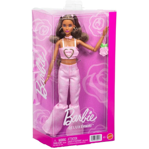 MATTEL JJN72  BARBIE FASHIONISTAS, Deluxe Style, n. 12, bambola dai capelli castani mossi e top in denim rosa - 4 ANNI+