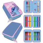 Stitch - Astuccio scolastico per bambini, colore: rosa, chiusura a cerniera, 12,5 x 6,5 x 19,5 cm, triplo scomparto