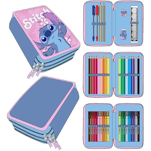 Stitch - Astuccio scolastico per bambini, colore: rosa, chiusura a cerniera, 12,5 x 6,5 x 19,5 cm, triplo scomparto