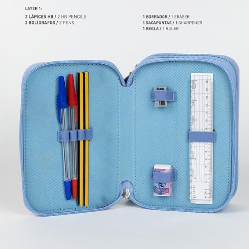 Stitch - Astuccio scolastico per bambini, colore: rosa, chiusura a cerniera, 12,5 x 6,5 x 19,5 cm, triplo scomparto