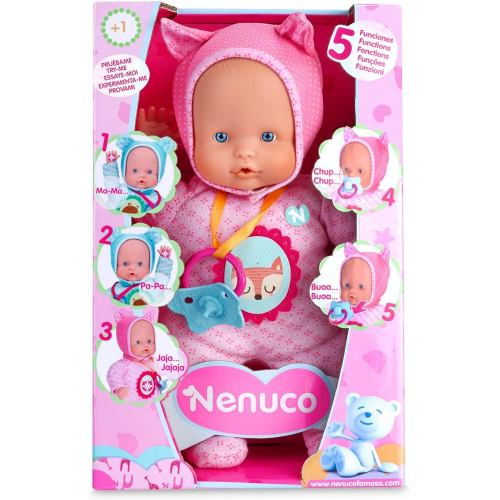 NENUCO SOFT 5 FUNZIONI, Rosa, Emette Suoni di Ciuccio e Succhiamento del Pollice come un Vero Bambino, Ride, Piange, Dice Mamma e Papà