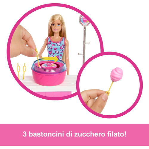 BARBIE Malibu e chiosco zucchero filato, set con bambola e 20 accessori inclusi - 3 ANNI+