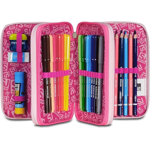 SEVEN ASTUCCIO TRIPLO ZIP ROSA, PinkHugs, Portapenne Triplo Scomparto Completo Di Penne