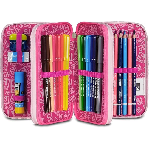 SEVEN ASTUCCIO TRIPLO ZIP ROSA, PinkHugs, Portapenne Triplo Scomparto Completo Di Penne