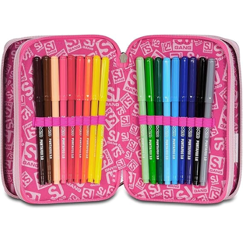 SEVEN ASTUCCIO TRIPLO ZIP ROSA, PinkHugs, Portapenne Triplo Scomparto Completo Di Penne