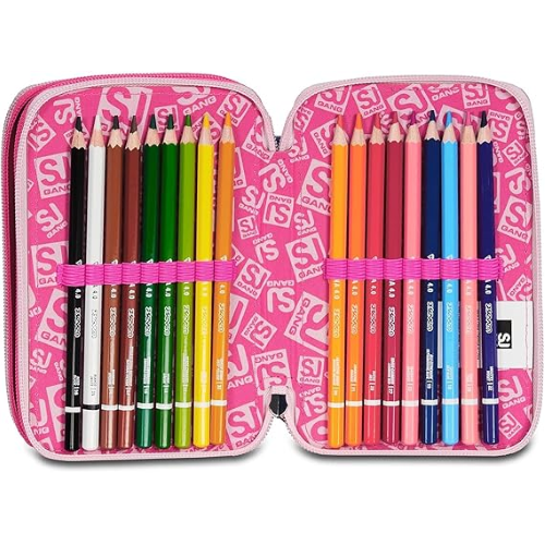 SEVEN ASTUCCIO TRIPLO ZIP ROSA, PinkHugs, Portapenne Triplo Scomparto Completo Di Penne