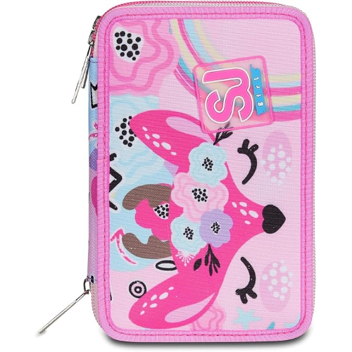 SEVEN ASTUCCIO TRIPLO ZIP ROSA, PinkHugs, Portapenne Triplo Scomparto Completo Di Penne