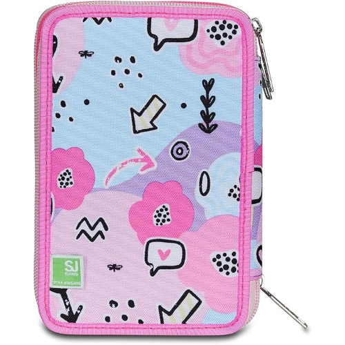 SEVEN ASTUCCIO TRIPLO ZIP ROSA, PinkHugs, Portapenne Triplo Scomparto Completo Di Penne