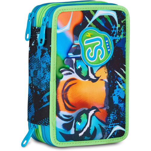 SEVEN 30C202541 ASTUCCIO SEVEN BOY TRIPLO ZIP, Air Tiger, Blu, Portapenne Triplo Scomparto Completo Di Penne, Matite, Colori