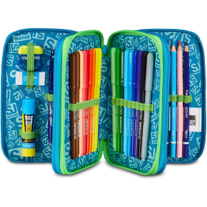 SEVEN 30C202541 ASTUCCIO SEVEN BOY TRIPLO ZIP, Air Tiger, Blu, Portapenne Triplo Scomparto Completo Di Penne, Matite, Colori