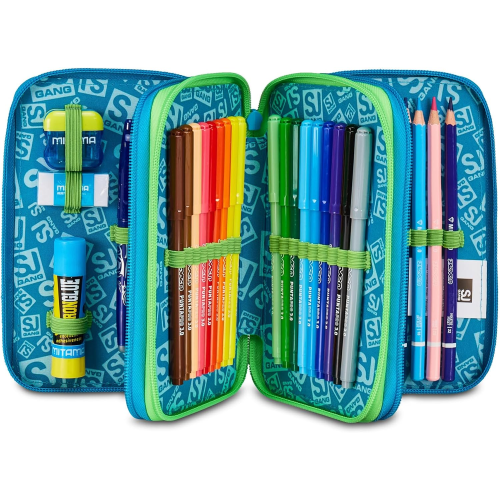 SEVEN 30C202541 ASTUCCIO SEVEN BOY TRIPLO ZIP, Air Tiger, Blu, Portapenne Triplo Scomparto Completo Di Penne, Matite, Colori