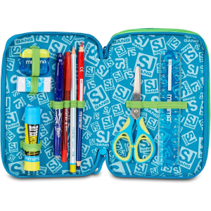 SEVEN 30C202541 ASTUCCIO SEVEN BOY TRIPLO ZIP, Air Tiger, Blu, Portapenne Triplo Scomparto Completo Di Penne, Matite, Colori