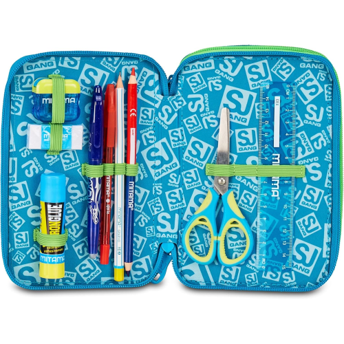 SEVEN 30C202541 ASTUCCIO SEVEN BOY TRIPLO ZIP, Air Tiger, Blu, Portapenne Triplo Scomparto Completo Di Penne, Matite, Colori