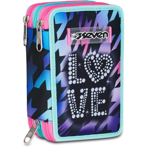 SEVEN 300102533 ASTUCCIO SEVEN GIRL LOVE TRIPLO ZIP, Viola Fucsia, Completo Di Penne, Matite, Colori