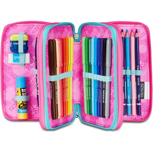 SEVEN 300102533 ASTUCCIO SEVEN GIRL LOVE TRIPLO ZIP, Viola Fucsia, Completo Di Penne, Matite, Colori