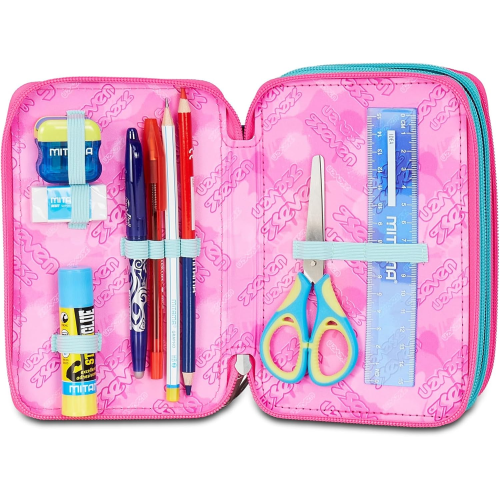 SEVEN 300102533 ASTUCCIO SEVEN GIRL LOVE TRIPLO ZIP, Viola Fucsia, Completo Di Penne, Matite, Colori